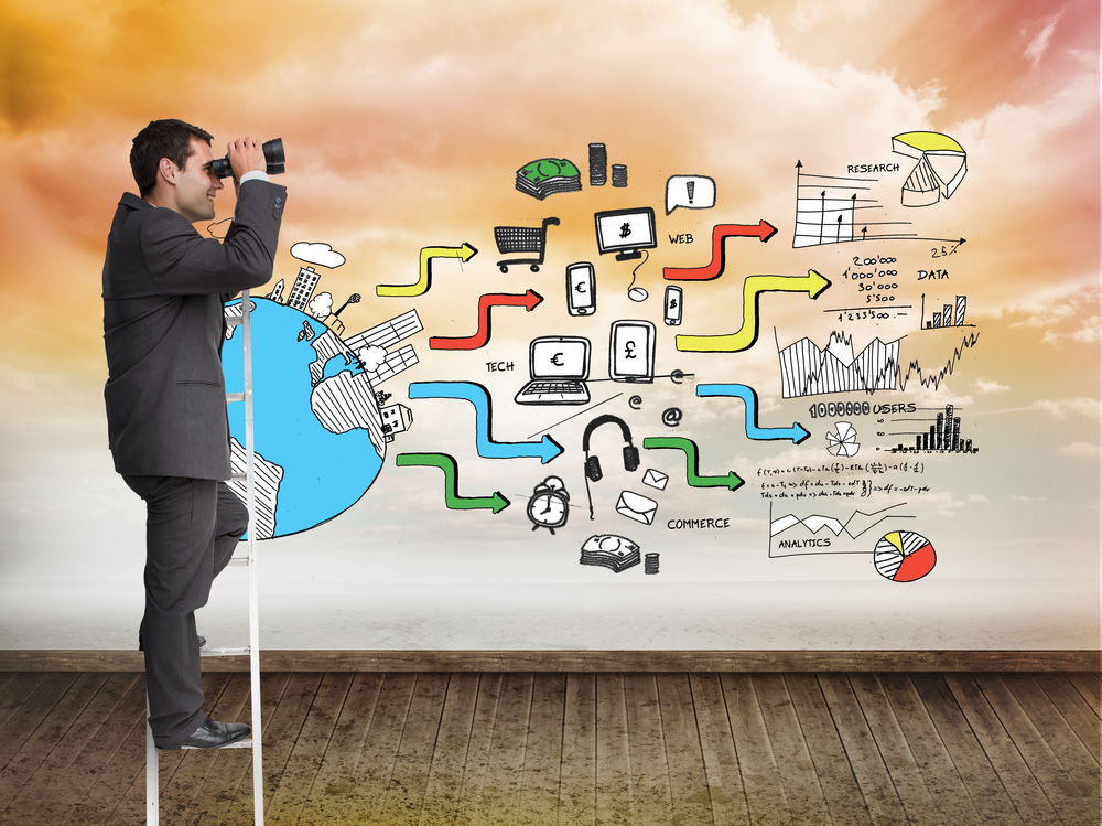 Composite image of businessman standing on ladder holding binoculars